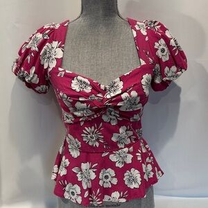Floral Twist Front Peplum Top - Pink